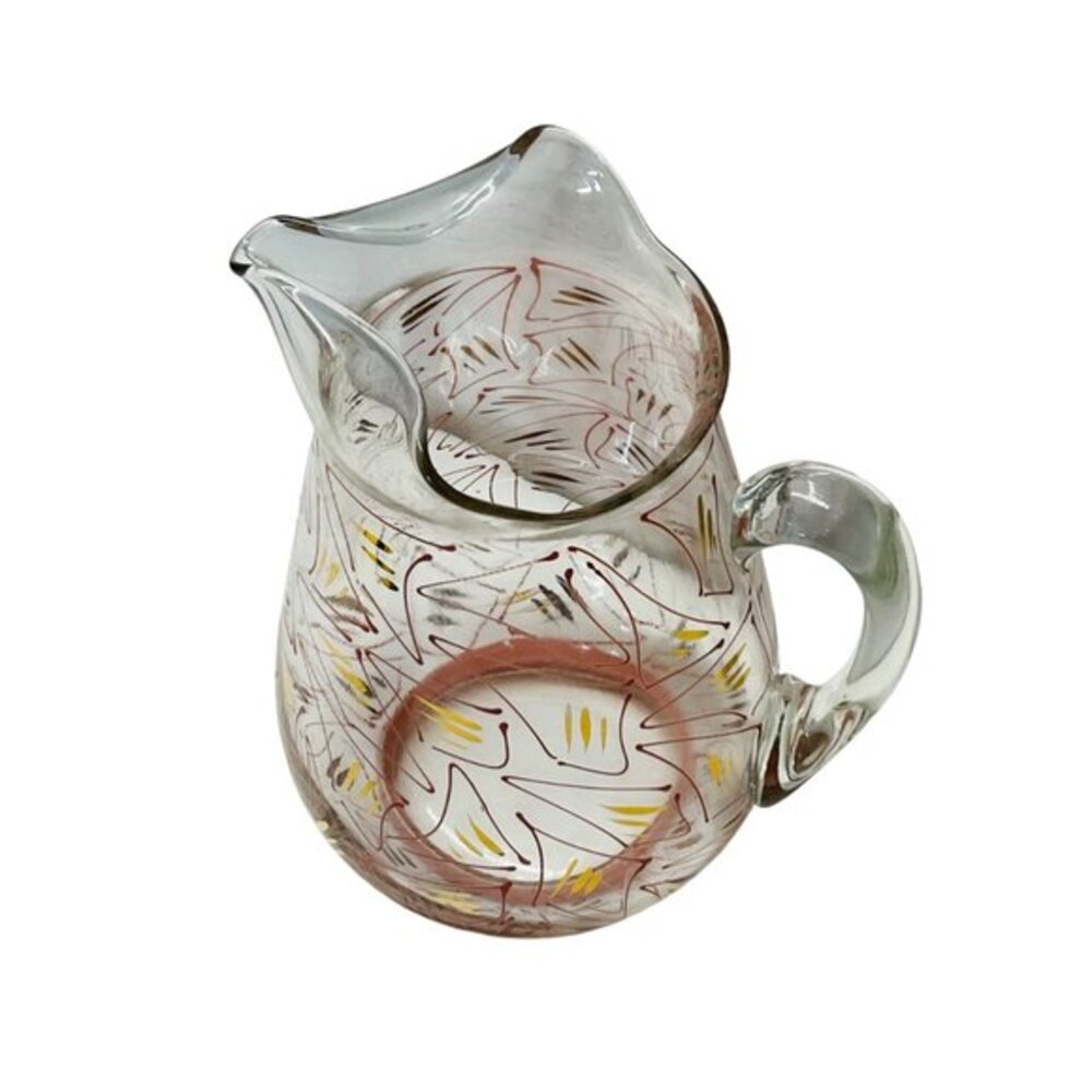 Mid-Century Modern Handpainted Glass Pitcher With Abstract Design & Red Base - Picture 4 of 8